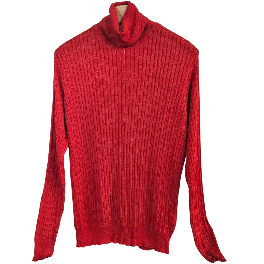 VINTAGE PERLITA 100% silk red turtleneck cable knit slim fit lightweight sweater